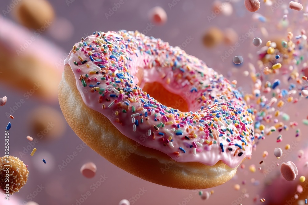 A delicious donut with a pink frosted glaze and colorful sprinkles, suspended in mid-air with smaller treats surrounding it, food indulgence. A delicious donut with a pink frosted glaze and colorful sprinkles, suspended in mid-air with smaller treats surrounding it, food indulgence.