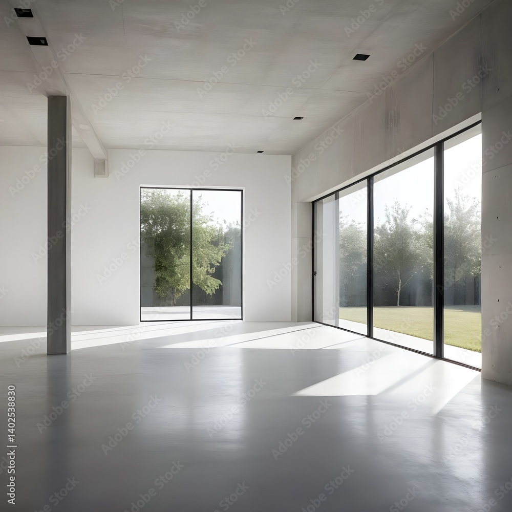 Fototapeta premium Modern Minimalist Empty Room with Large Windows and Garden View