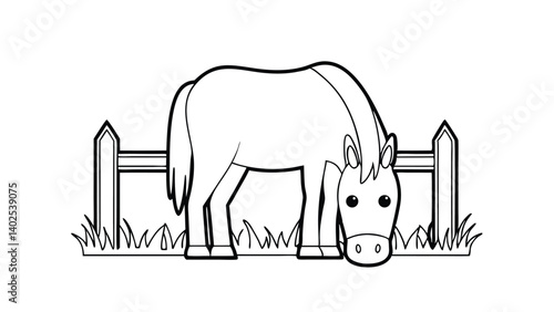 Cartoon Horse Grazing In Pasture With Fence Outline Vector Illustration For Coloring Pages Or Design Elements