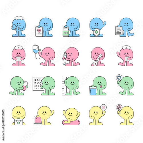 Cute Hospital Character Icon Set. Nurse, Medicine, Checkup, Healthcare