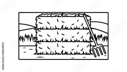 Illustration Of A Hay Bale With A Pitchfork In A Field Black And White Outline Style