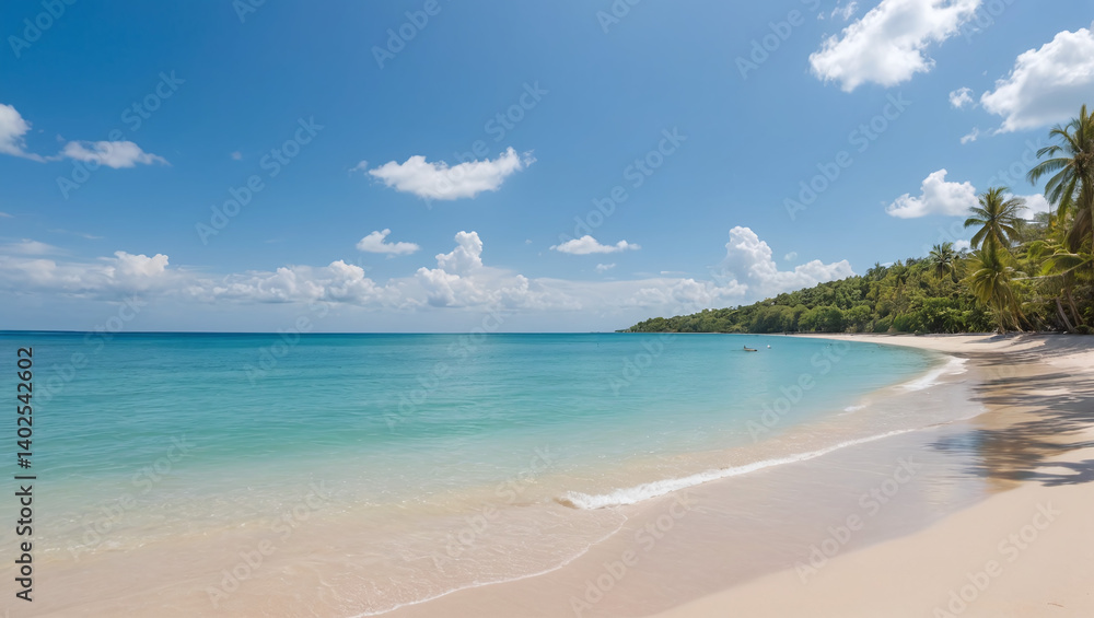 Serene Tropical Beach Seascape Calm Ocean, White Sand, and Lush Palms Serene Tropical Beach Seascape Calm Ocean, White Sand, and Lush Palms