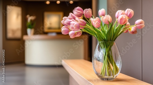 Wallpaper Mural Bright pink tulips in a clear glass vase create an inviting ambiance in a light-colored office space with a reception area Torontodigital.ca