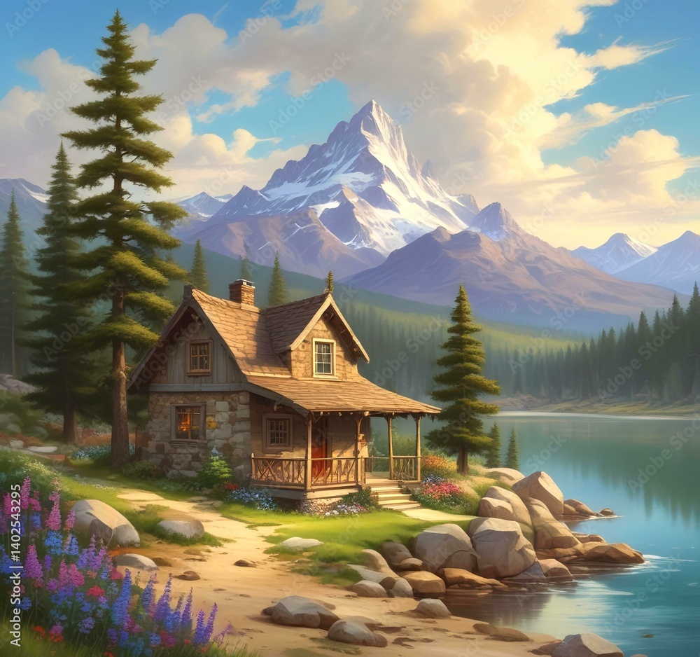 Naklejka premium Illustration of spring season landscape with cottage and mountain.
