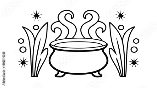 Halloween Witch Cauldron With Bubbles And Plants In Black Outline Minimalist Style For Coloring Books