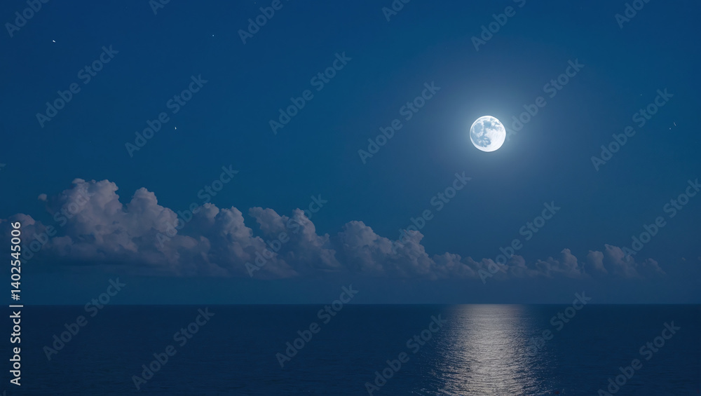 Serene Full Moon Rising Over Calm Ocean at Night Serene Full Moon Rising Over Calm Ocean at Night
