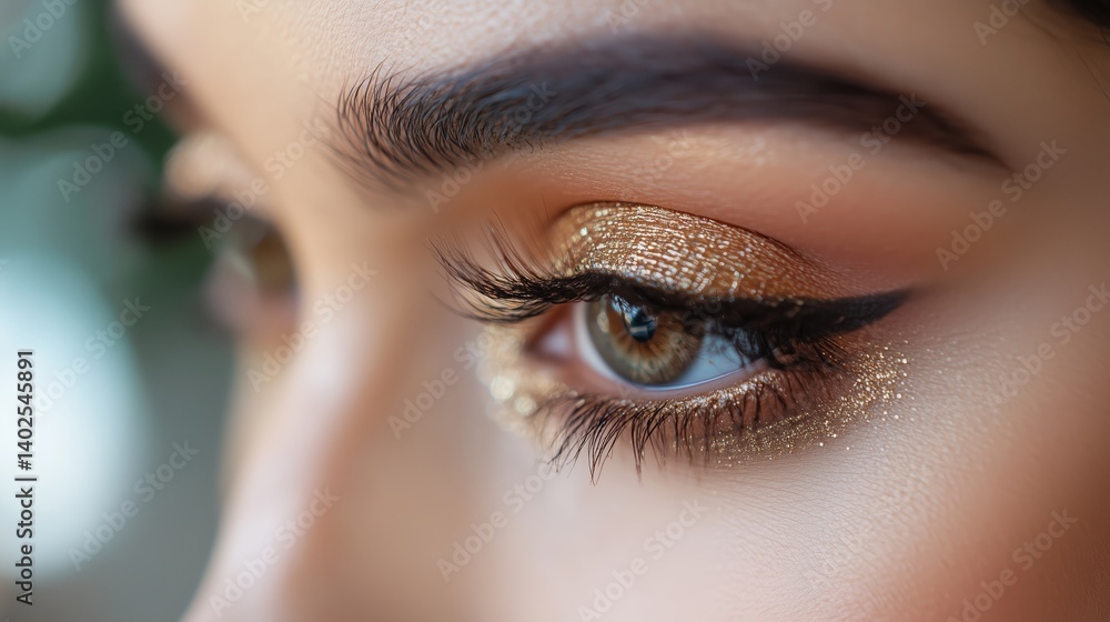 Obraz premium Close-up of an elegant eye with shimmering makeup and a defined eyeliner look in natural light
