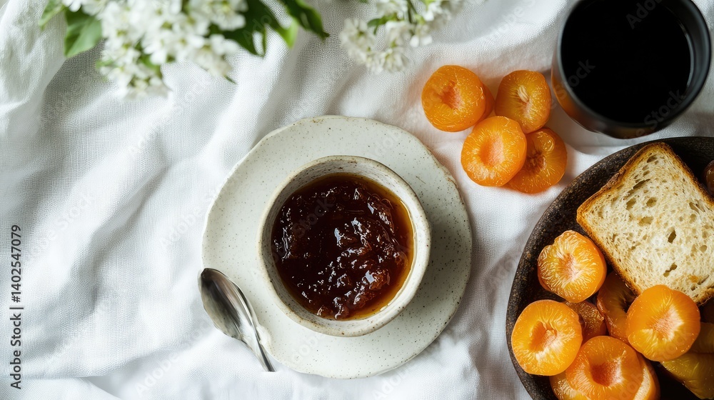 Gourmet breakfast with rich apricot jam spread on sourdough, next to coffee and fresh fruits on white linen Gourmet breakfast with rich apricot jam spread on sourdough, next to coffee and fresh fruits on white linen