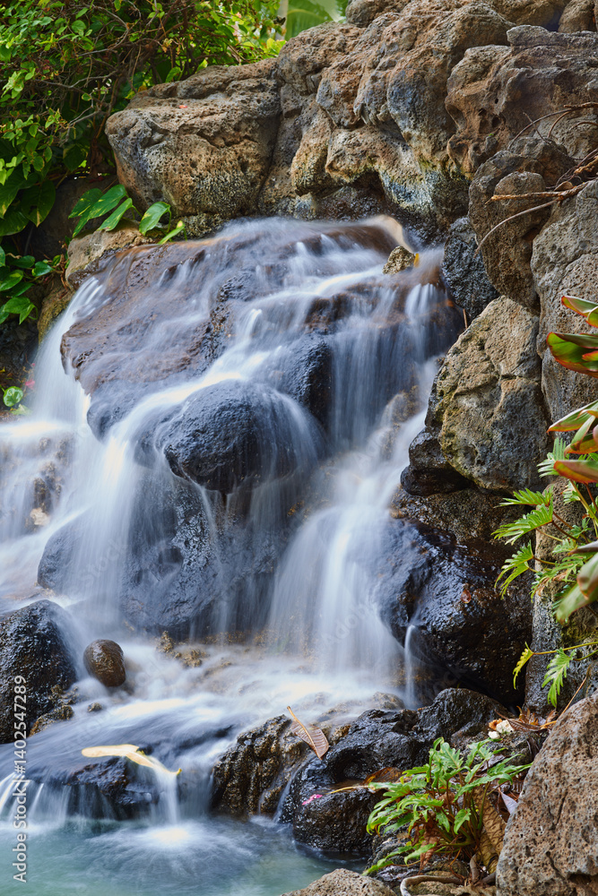 Wallpaper, rocks and waterfall in forest with plants for ecology, environment and conservation in Hawaii. River, nature and ecosystem for sustainability, biodiversity and rainforest for restoration Wallpaper, rocks and waterfall in forest with plants for ecology, environment and conservation in Hawaii. River, nature and ecosystem for sustainability, biodiversity and rainforest for restoration
