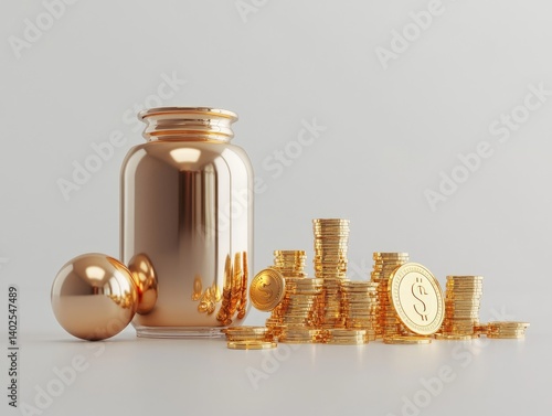 Gold-toned savings jar and coins
