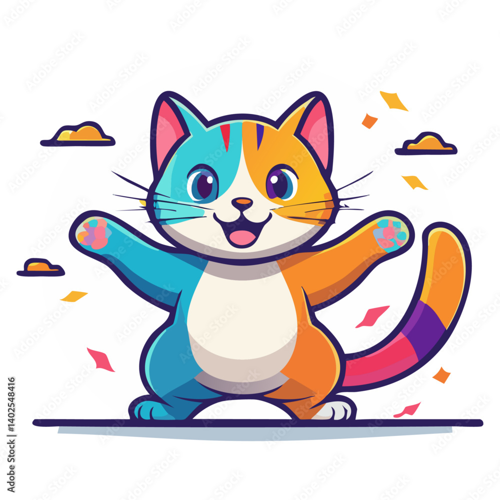 Obraz premium Happy colorful cat opening arms and smiling under confetti rain