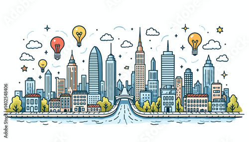 Urban skyline with hot air balloons decorating the cityscape  