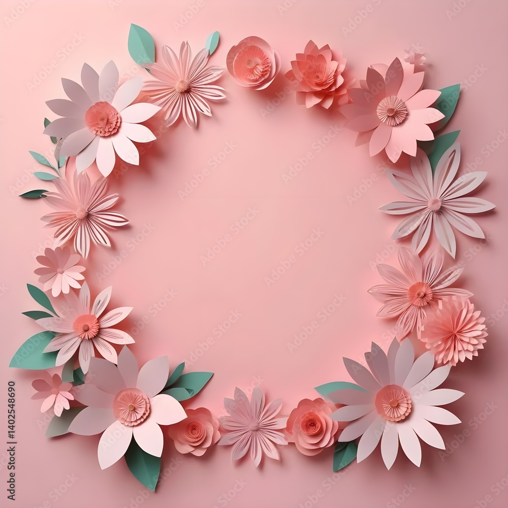 Pink Paper Flower Wreath on Pink Background Pink Paper Flower Wreath on Pink Background
