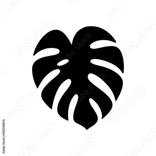 Monstera leaf silhouette icon, tropical black plant design element for botanical, nature, or jungle-themed illustrations

