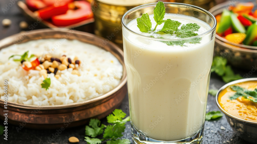 Indian Summer Meal Setup with Buttermilk and Full Thali Spread Indian Summer Meal Setup with Buttermilk and Full Thali Spread