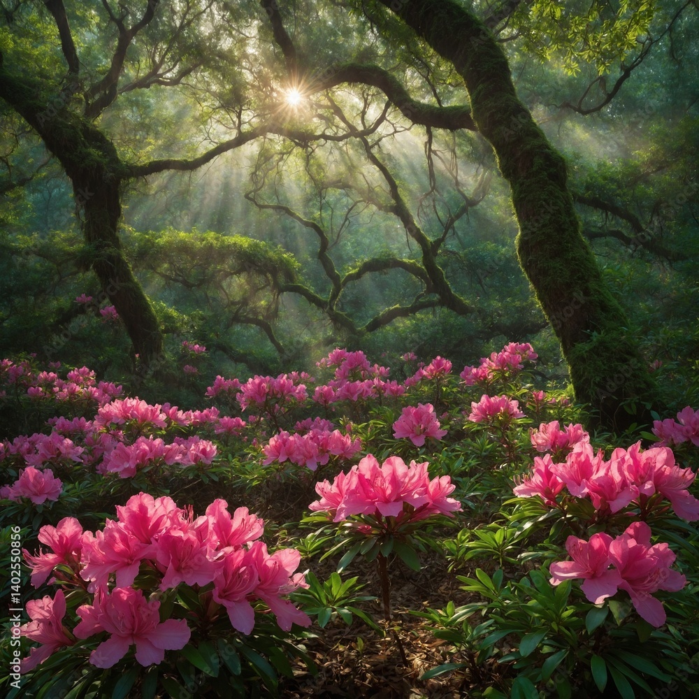 Fototapeta premium Sunlight filters through forest canopy, casting warm glow over vibrant pink rhododendron flowers. Twisted branches form natural archways, creating serene, mystical atmosphere. Lush greenery.