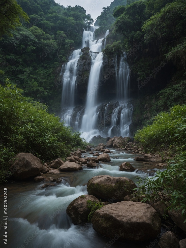 Naklejka premium Majestic waterfall crashes down rocky cliff, surrounded by lush greenery. Mist rises from impact, creating serene scene. Tranquil stream winds through foreground, bordered by large stones.