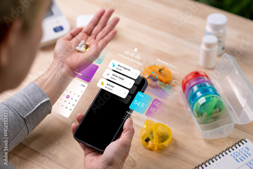 Foto Senior Asian Woman checking medication reminder on phone while holding pills on