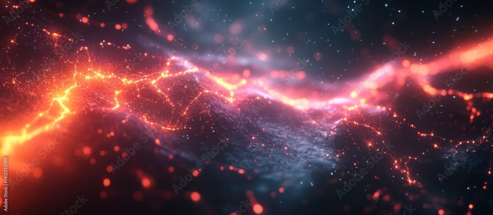 Red and blue energy flows across dark landscape; abstract background for VFX Red and blue energy flows across dark landscape; abstract background for VFX