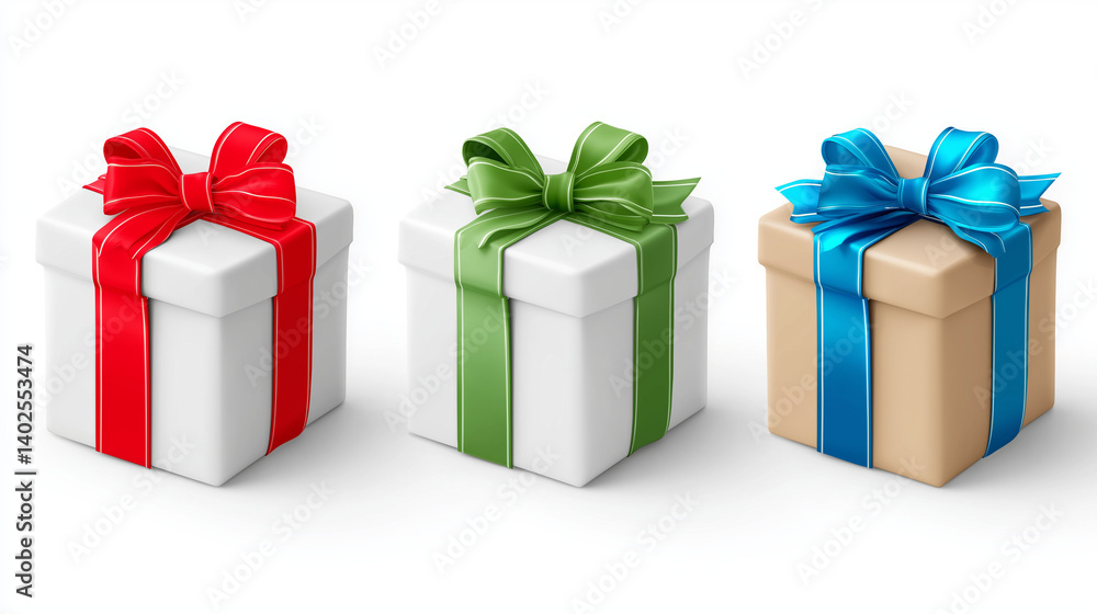 Obraz premium Set of three assorted gift boxes with ribbons on transparent background