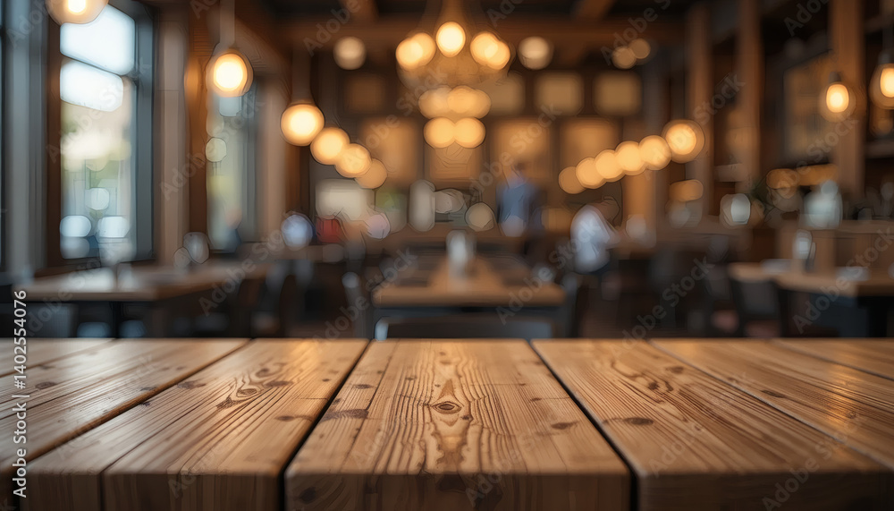 Empty wooden tabletop with lights bokeh on blurred restaurant background Empty wooden tabletop with lights bokeh on blurred restaurant background