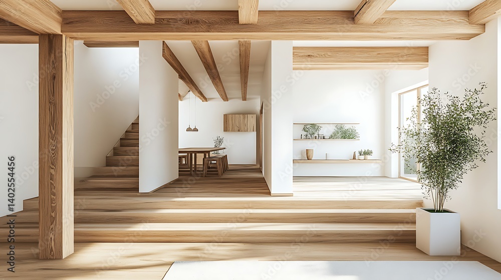 Obraz premium spacious modern room featuring wooden beams bright white walls and natural light creating clean minimalist interior design and contemporary home decor concept