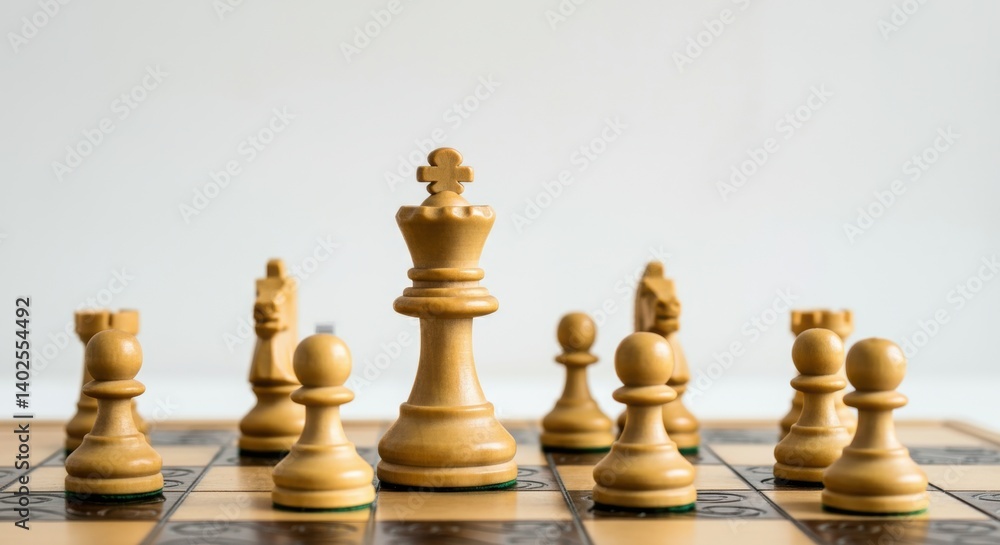 Strategic chess game setup with wooden pieces on board Strategic chess game setup with wooden pieces on board