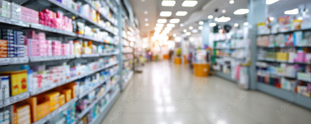 blurred view of pharmacy aisle filled with various products, showcasing shelves stocked with medications and health items blurred view of pharmacy aisle filled with various products, showcasing shelves stocked with medications and health items