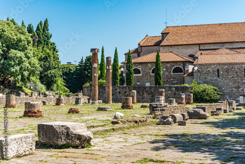 Remains of columns of an ancient Roman basilica on the San Giusto hill, near the Castle of San Giusto, Trieste city center, Italy