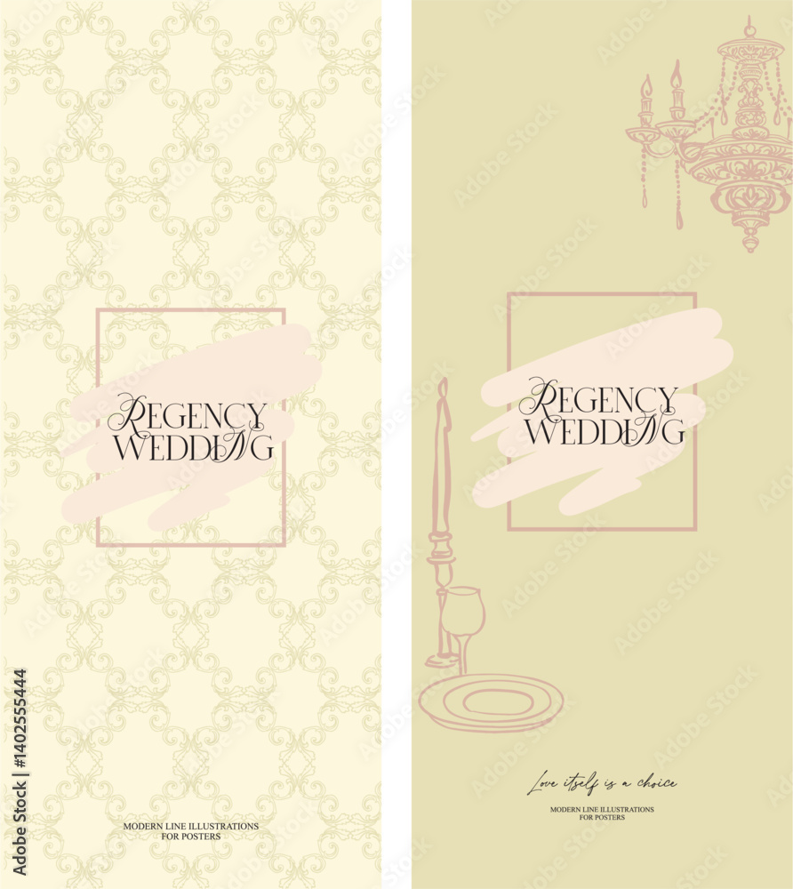 Fototapeta premium Vertical pre-made Bridgerton style backgrounds - aesthetic, whimsical hand drawn line art style for wedding designs in soft pastel colors. Digital stylization of the Regency era. Vector