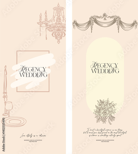Vertical pre-made Bridgerton style backgrounds - aesthetic, whimsical hand drawn line art style for wedding designs in soft pastel colors. Digital stylization of the Regency era. Vector