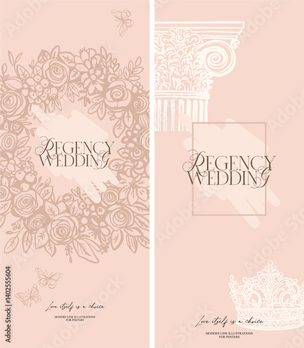 Vertical pre-made Bridgerton style backgrounds - aesthetic, whimsical hand drawn line art style for wedding designs in soft pastel colors. Digital stylization of the Regency era. Vector
