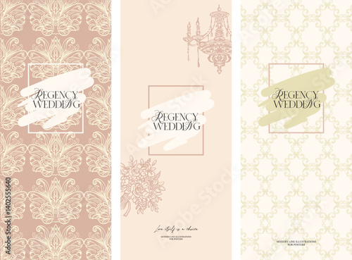 Vertical pre-made Bridgerton style backgrounds - aesthetic, whimsical hand drawn line art style for wedding designs in soft pastel colors. Digital stylization of the Regency era. Vector