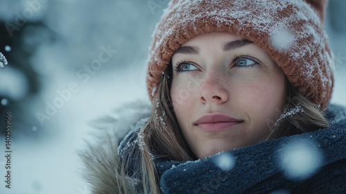 An artistic view capturing stylish winter chic: fashionable model b bundled up in knit cap and fur collar, expressive close-up with snowflakes dancing around, captured in a frozen moment of elegance.