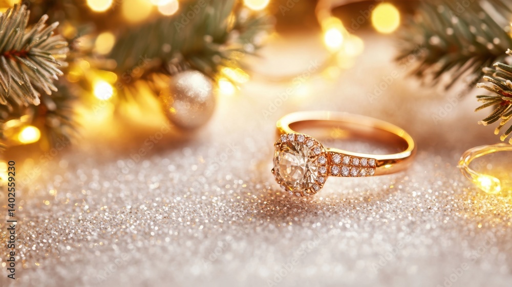 Delicate ring glowing with refractions from Christmas fairy lights in dreamy background Delicate ring glowing with refractions from Christmas fairy lights in dreamy background