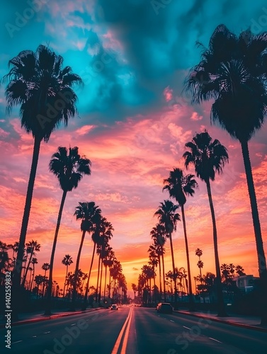 Vibrant Sunset Over Palm-Lined Street: A Colorful Evening in California's Urban Landscape