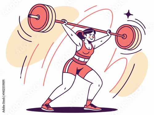 Strong woman lifting weights in a dynamic vector illustration, showcasing power and determination.