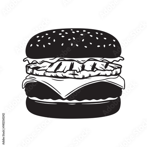 Classic beef burger with lettuce and cheese in bold food vector style