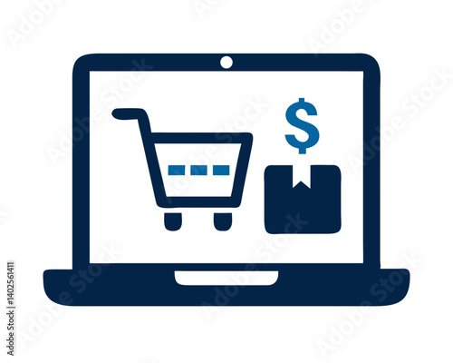 Online shopping concept with cart and pricing on laptop screen  