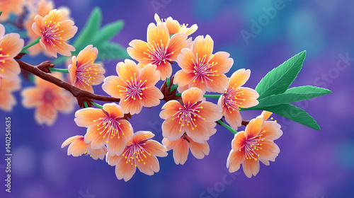 Peach blossom branch with vibrant flowers and leaves against a blurred purple background