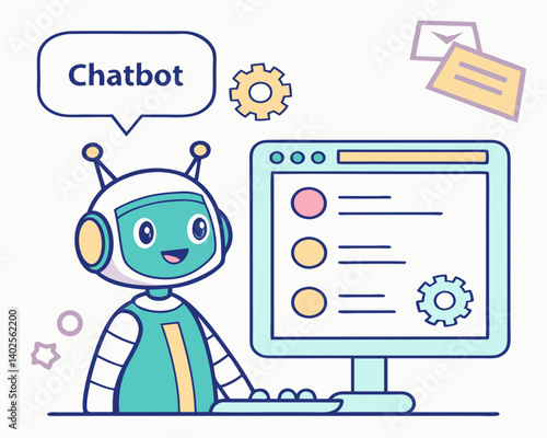 Friendly chatbot interacting with a computer in a tech environment  