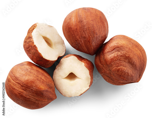 Hazelnut isolated png. Peeled hazelnut top view on transparent background. Forest filbert nut no background. Hazelnut transparent png flat lay composition. Full depth of field.
