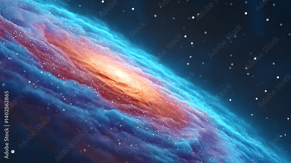 Fototapeta premium Vibrant spiral galaxy with swirling nebulae, orange and blue hues, cosmic dust
