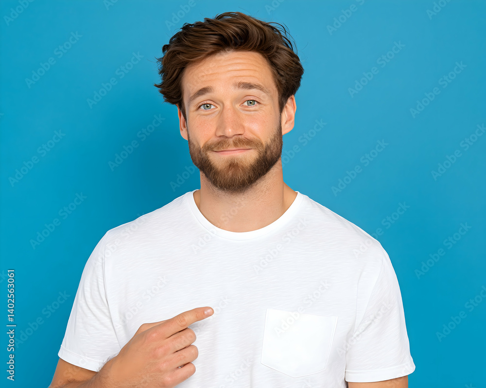 Young man in white shirt, pointing at himself, against a blue background Young man in white shirt, pointing at himself, against a blue background