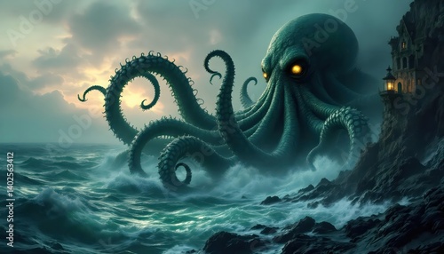 Giant Kraken Ocean Monster Art Dark Fantasy Sea Scene