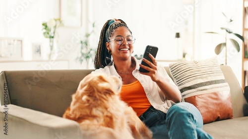 Photography Smartphone, relax and black woman on sofa with dog for bonding, reading or social media scroll at home on day off