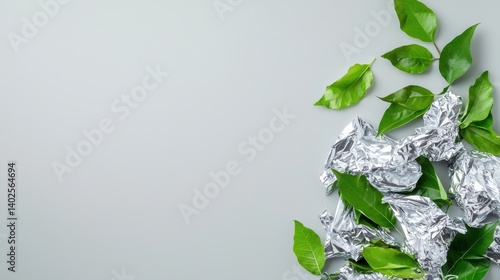 A Pile of Shiny Aluminum Foil Surrounded by Fresh Green Leaves in Nature