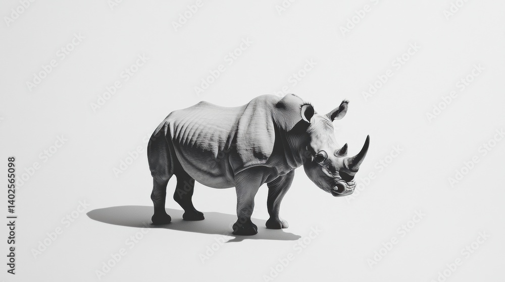 Fototapeta premium Rhinoceros with detailed gray skin standing in light shadows against a minimal background, showcasing natural form and textures