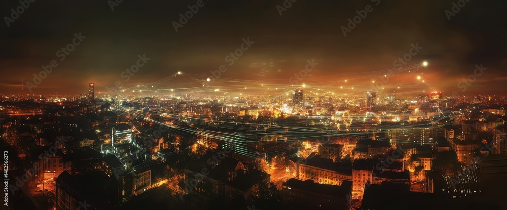 Fototapeta premium Night city panorama, warm hues