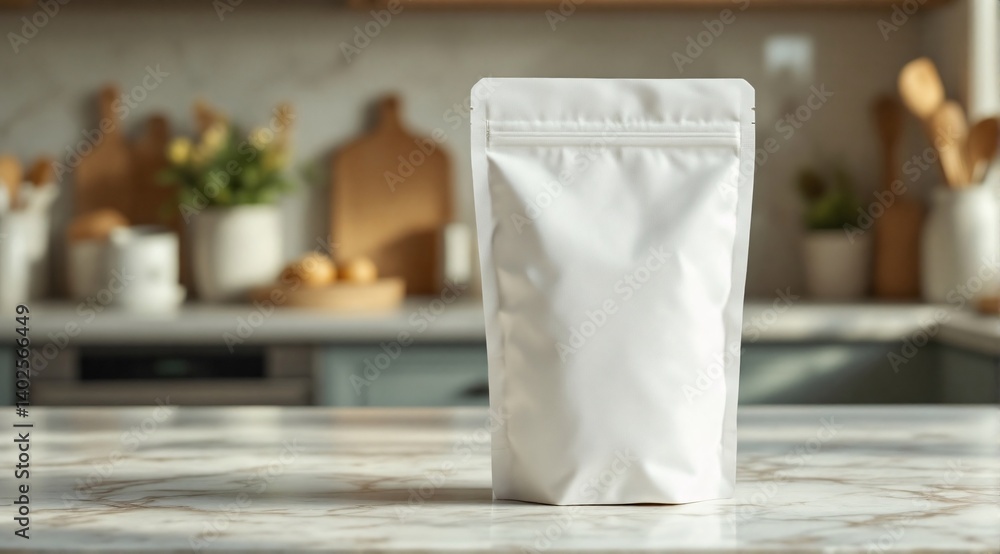 A clean, white paper pouch with a ziplock rests on a marble surface, with soft shadows enhancing its premium look. A clean, white paper pouch with a ziplock rests on a marble surface, with soft shadows enhancing its premium look.